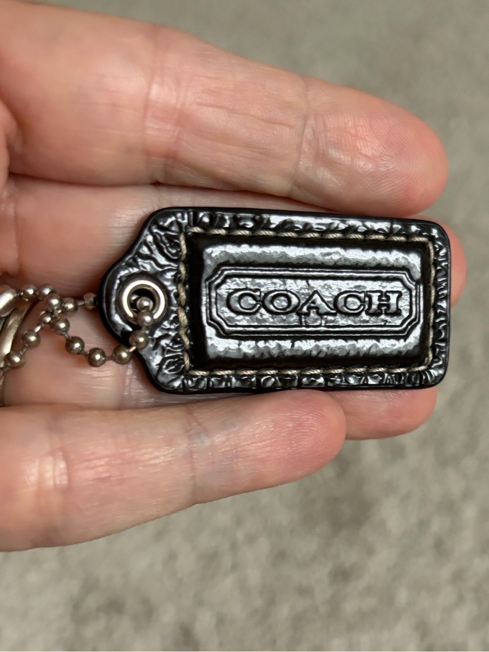COACH Brown patent/ smooth Leather Hangtags with Metal Ball Chain
